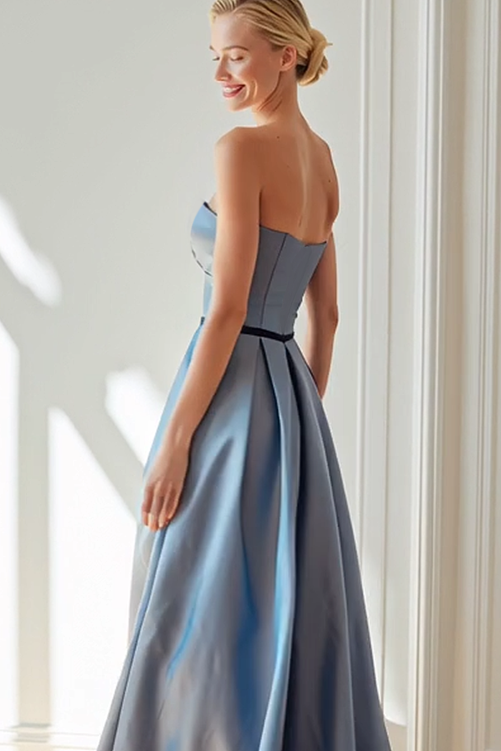 Blue Satin Strapless A Line Maxi Bridesmaid Dress