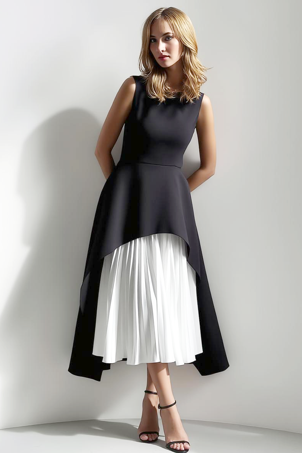 Black White A Line Asymmetrical Wedding Guest Dress