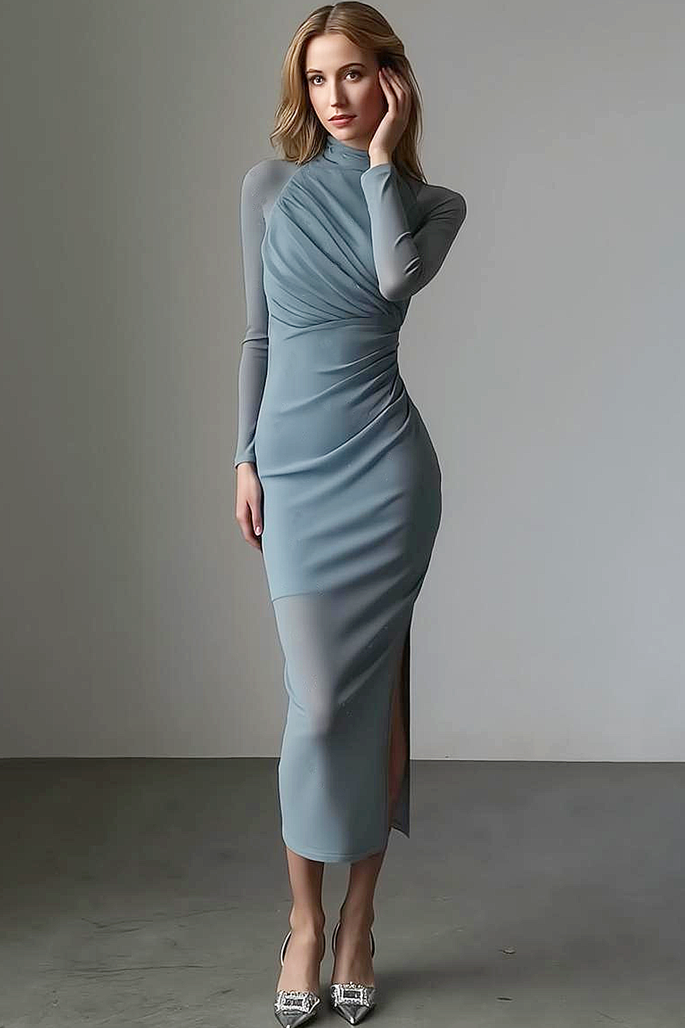Leely Women Dusty Blue Sheath Maxi Wedding Guest Dress with Sleeves Ruched High Neck Wedding Party Dress with Slit