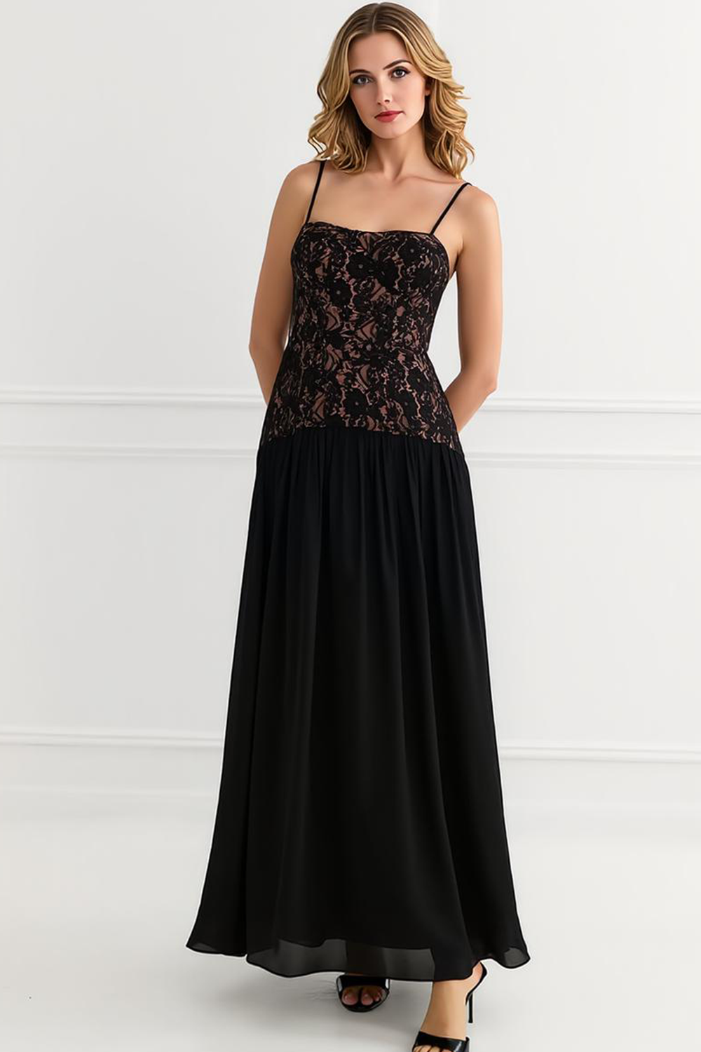 Leely Women Black Chiffon Long Wedding Guest Dress with Lace A Line Spaghetti Straps Wedding Party Dress