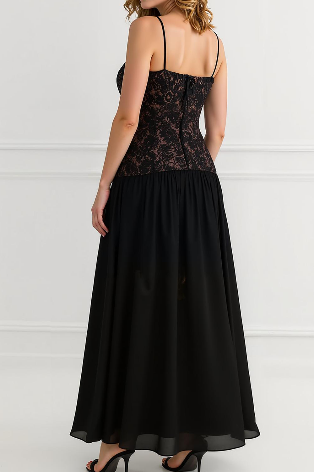 Black A Line Spaghetti Straps Long Wedding Guest Dress with Lace