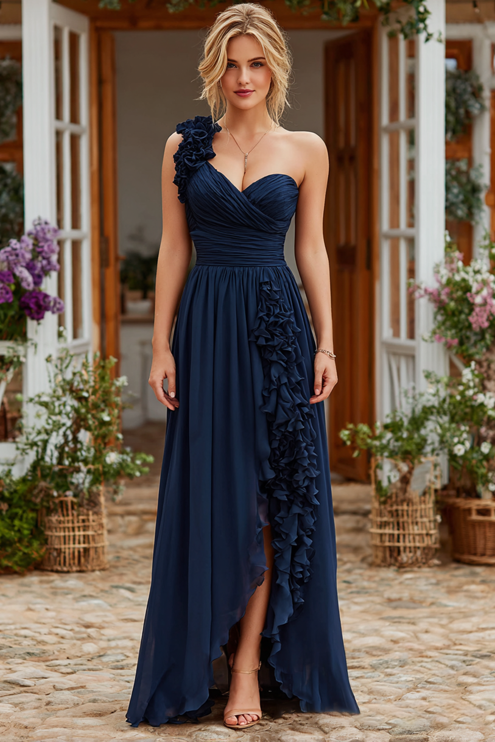 Navy Ruffled A Line One Shoulder Maxi Bridesmaid Dress with Slit