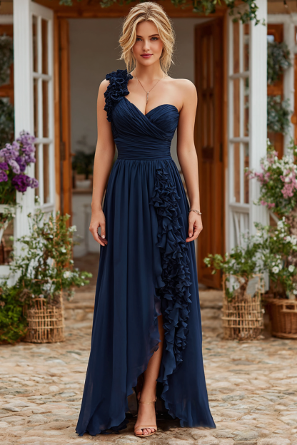 Leely Women Navy Chiffon Maxi Bridesmaid Dress with Slit Ruched A Line One Shoulder Wedding Guest Dress with Ruffles