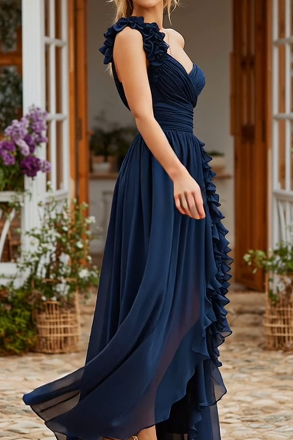 Navy Ruffled A Line One Shoulder Maxi Bridesmaid Dress with Slit