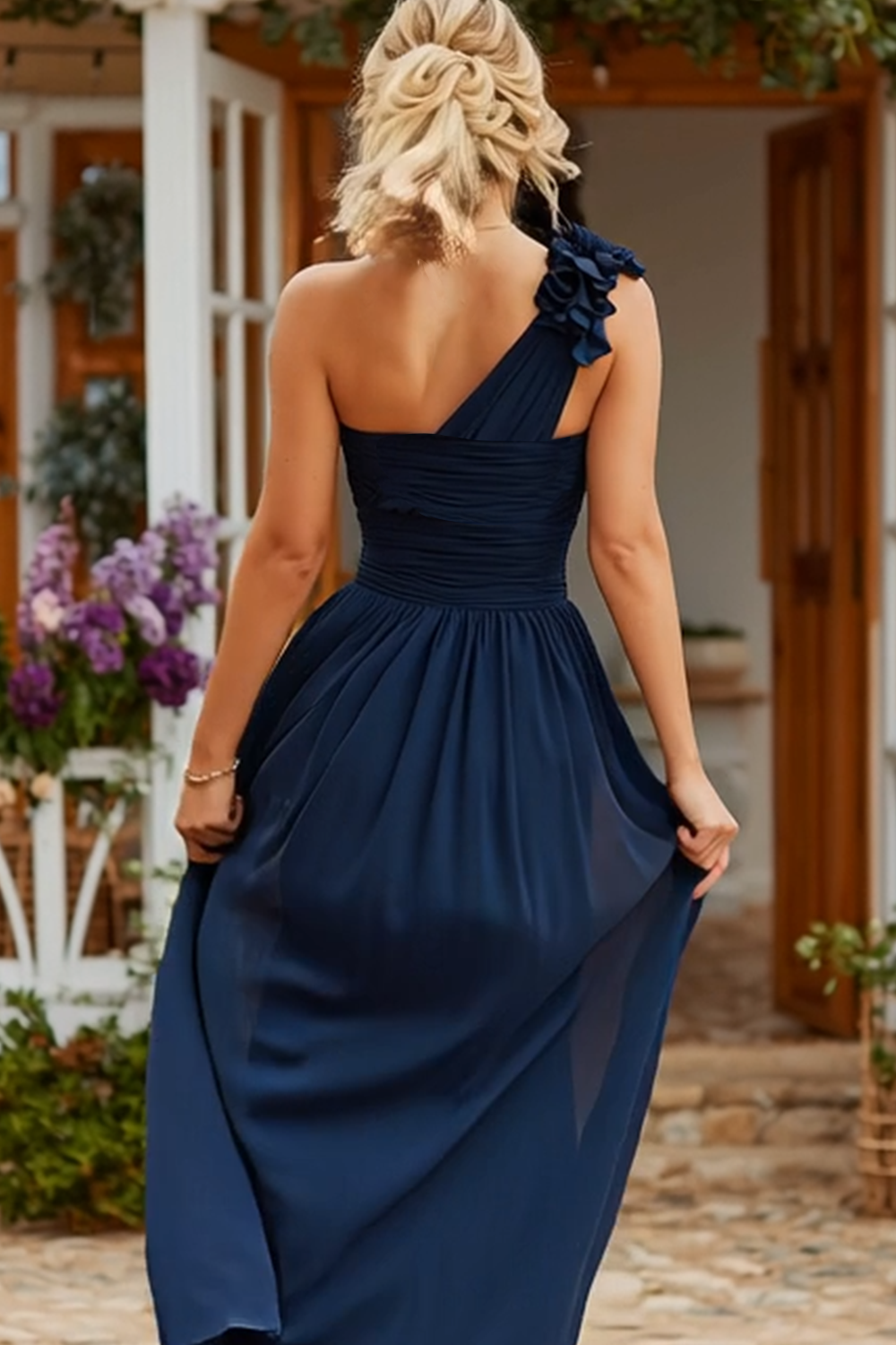 Navy Ruffled A Line One Shoulder Maxi Bridesmaid Dress with Slit