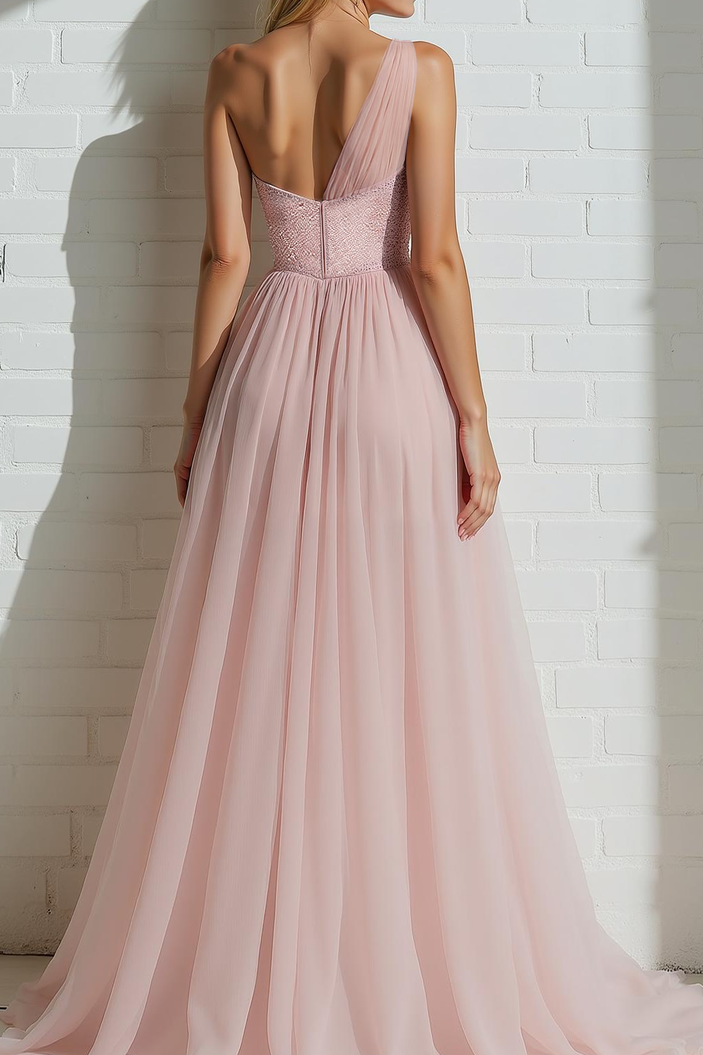 Sparkly Light Pink A Line One Shoulder Long Bridesmaid Dress with Sequins