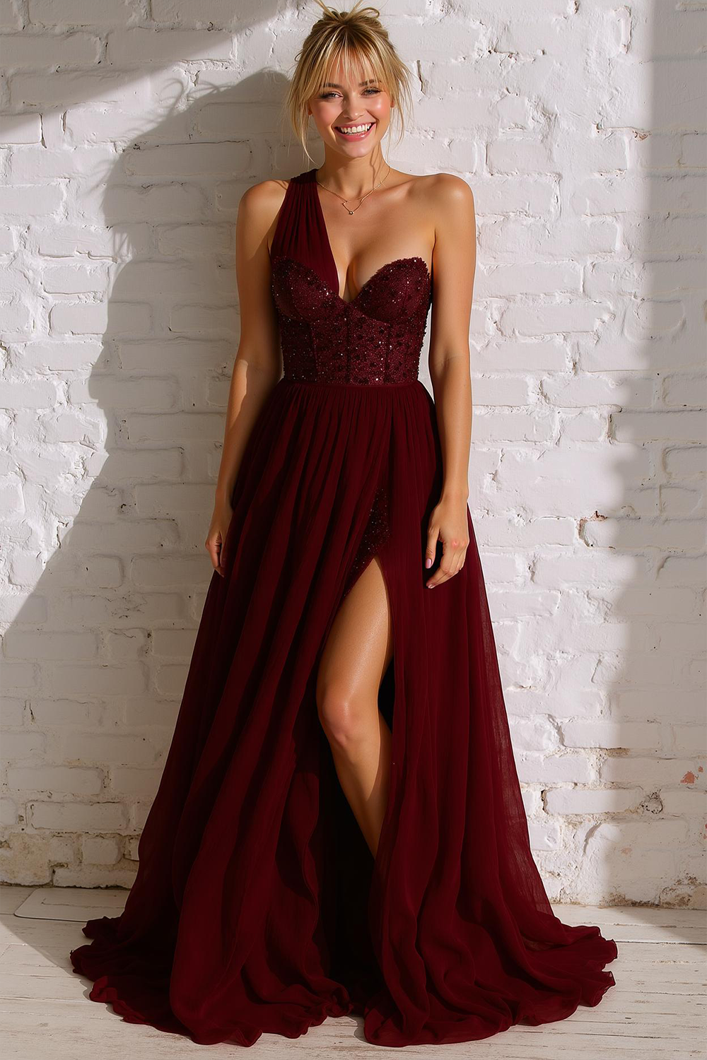 Sparkly Light Pink A Line One Shoulder Long Bridesmaid Dress with Sequins