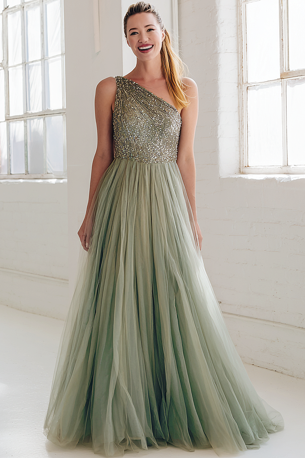 Sparkly Sage Green A Line One Shoulder Maxi Wedding Guest Dress with Sequins