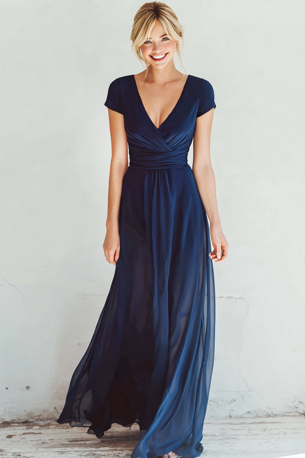 Navy A Line V-Neck Ruched Chiffon Long Bridesmaid Dress