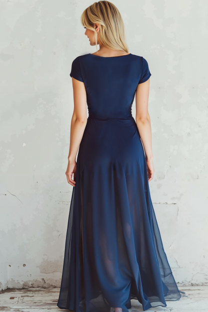 Navy A Line V-Neck Ruched Chiffon Long Bridesmaid Dress