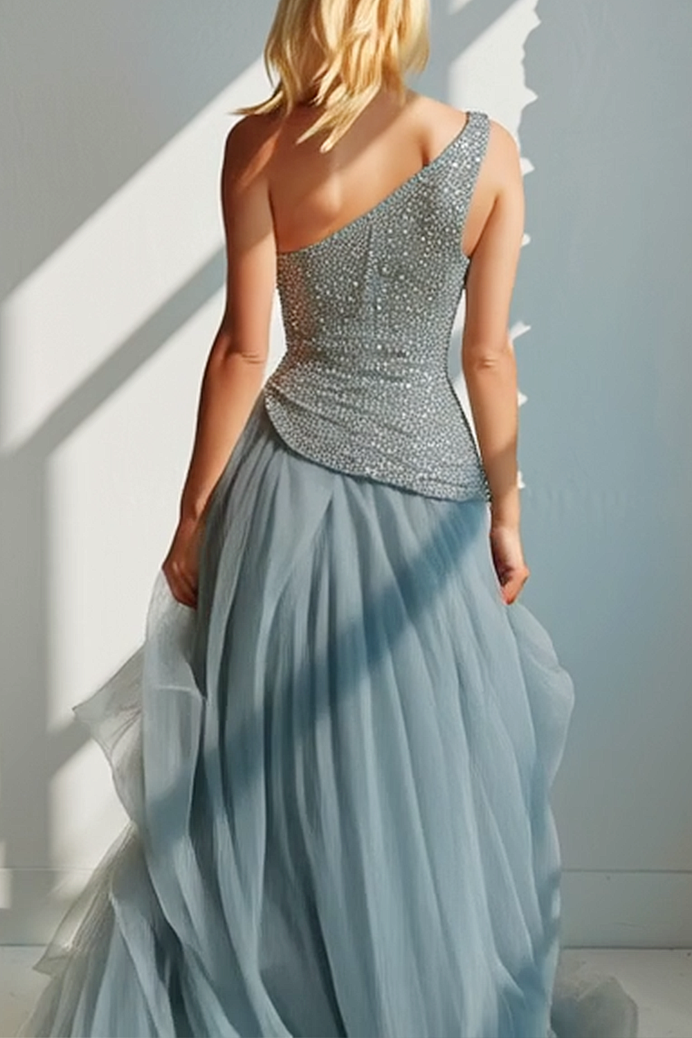 Sparkly Dusty Blue Tulle A Line Long Wedding Guest Dress with Slit