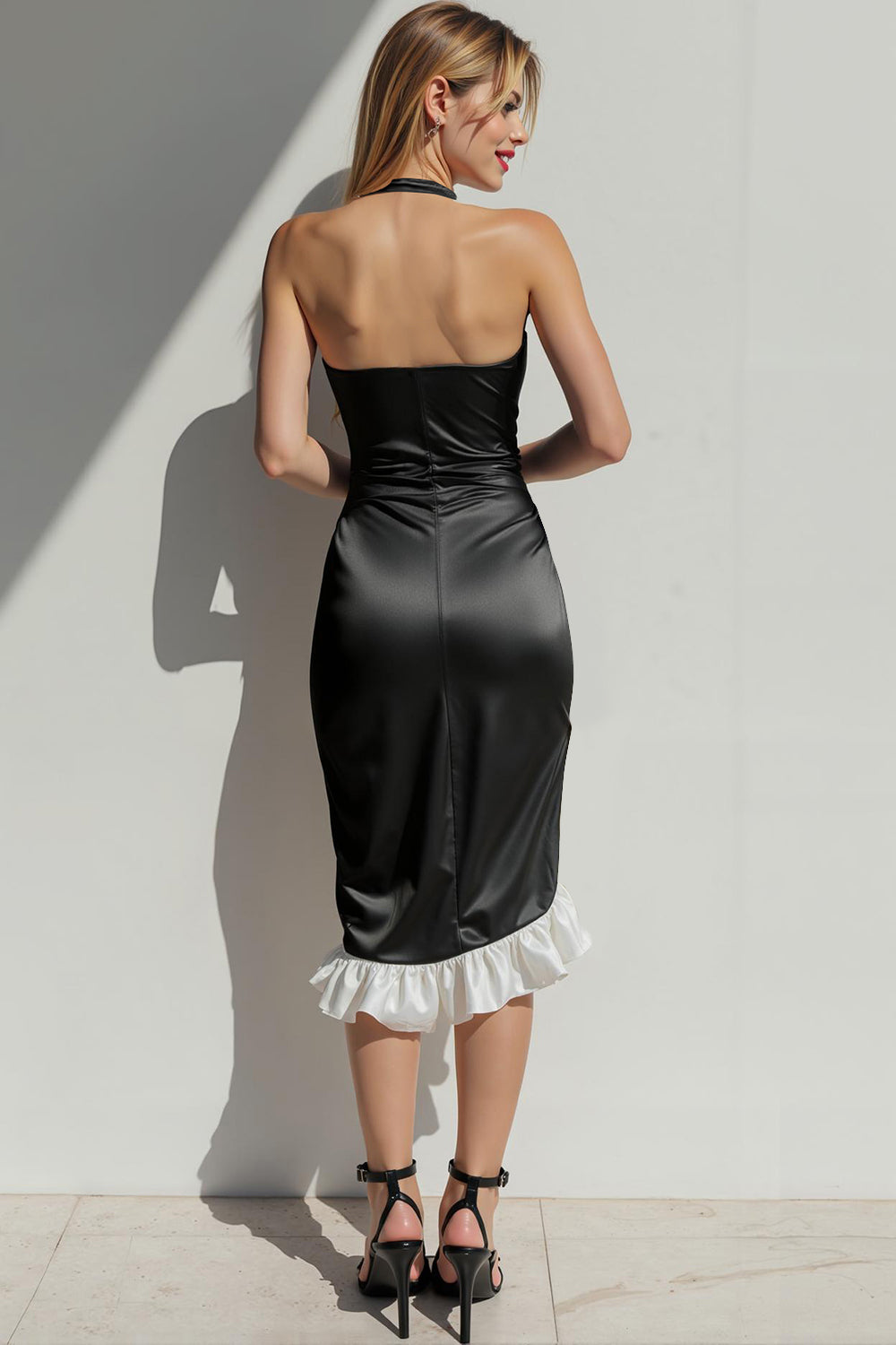 Black White Ruffled Satin Sheath Halter Midi Wedding Guest Dress with Slit
