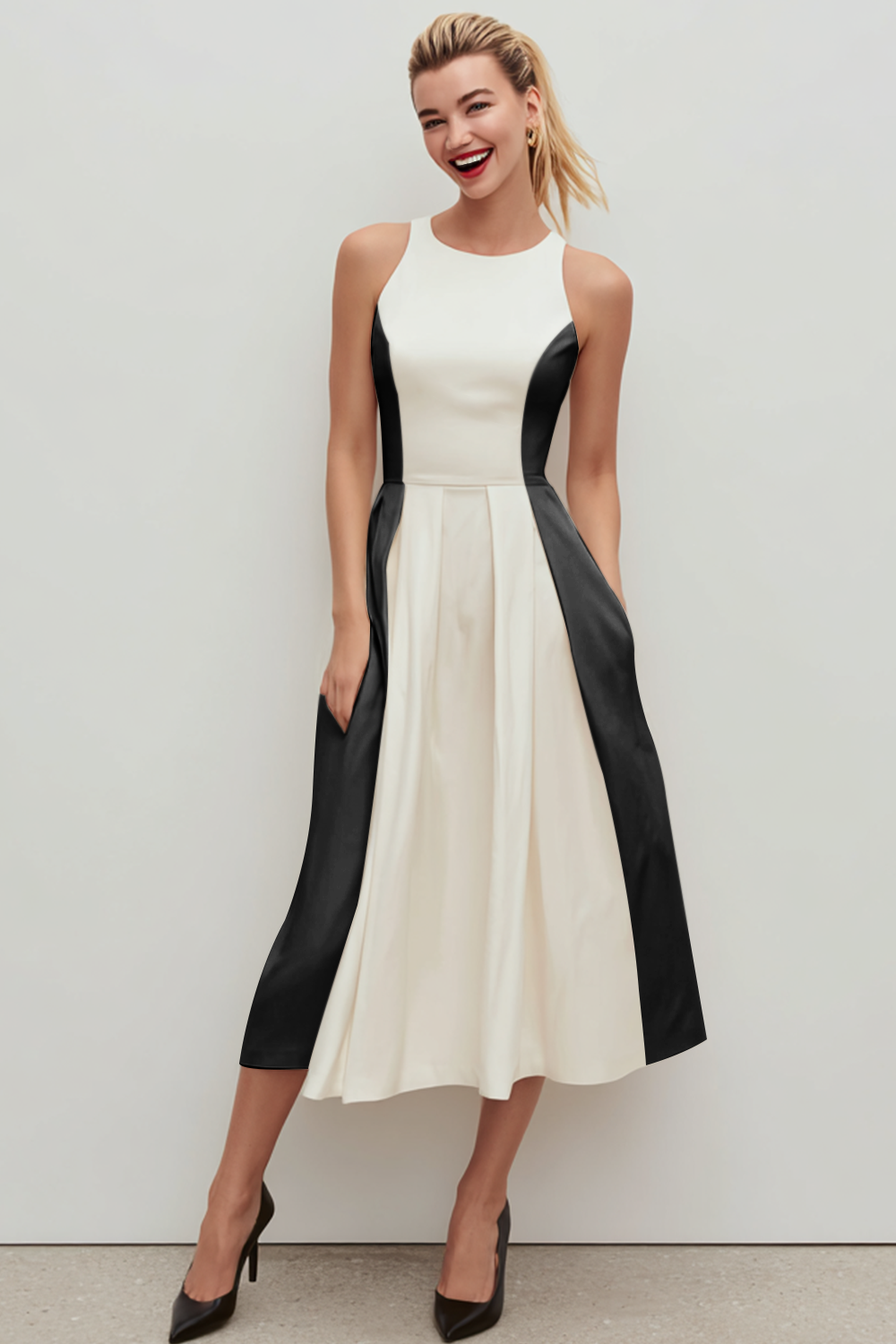 White Black Patchwork Round Neck A Line Long Wedding Guest Dress
