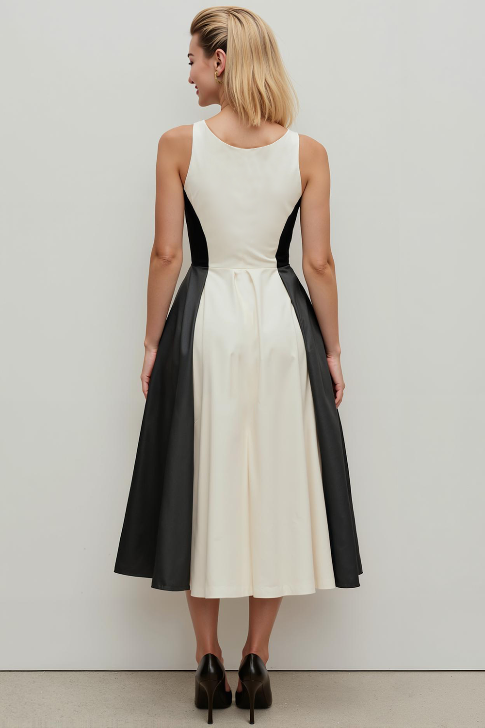 White Black Patchwork Round Neck A Line Long Wedding Guest Dress