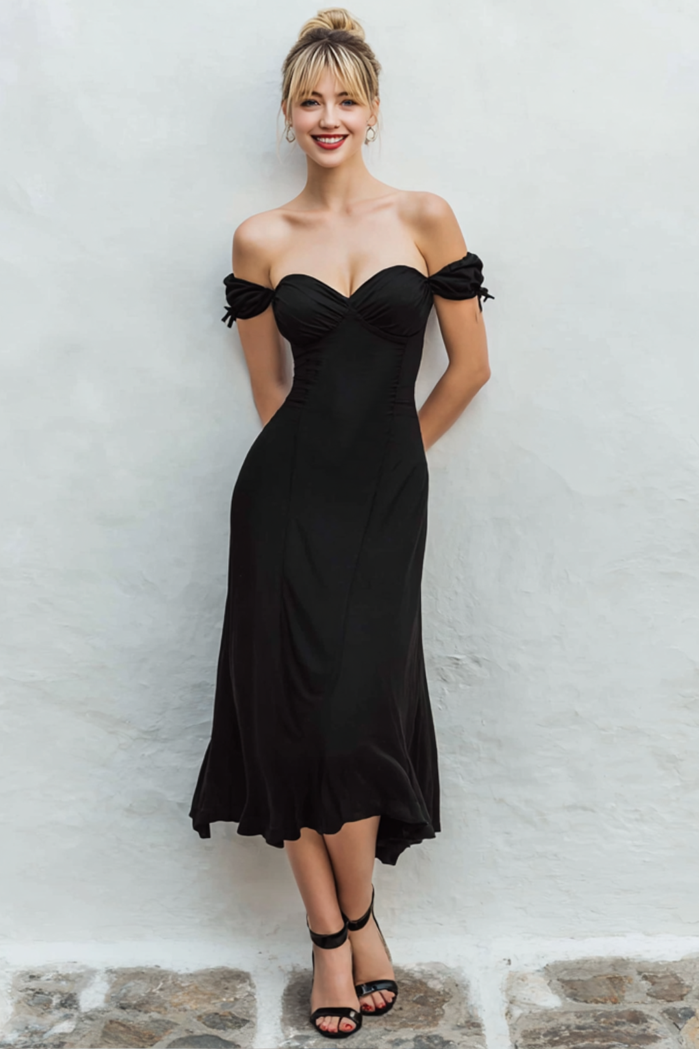 Simple Black A Line Off the Shoulder Midi Wedding Guest Dress