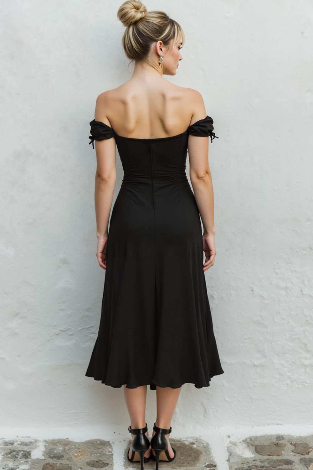 Simple Black A Line Off the Shoulder Midi Wedding Guest Dress