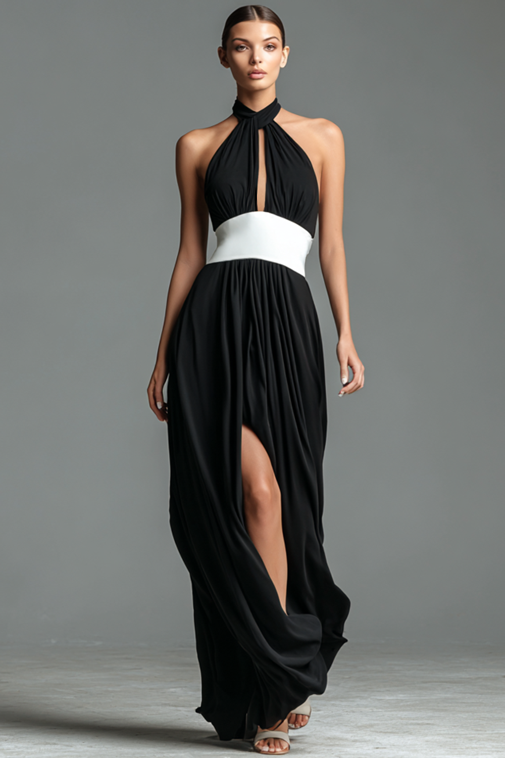 Leely Women Black White Backless Maxi Wedding Guest Dress with Slit Ruched A Line Halter Keyhole Wedding Party Dress