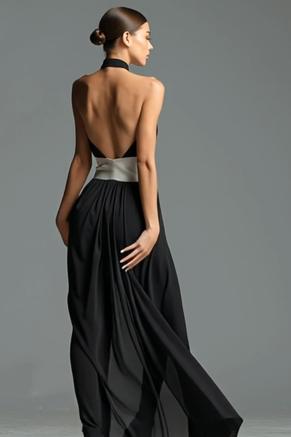 Black White A Line Halter Backless Maxi Wedding Guest Dress with Slit