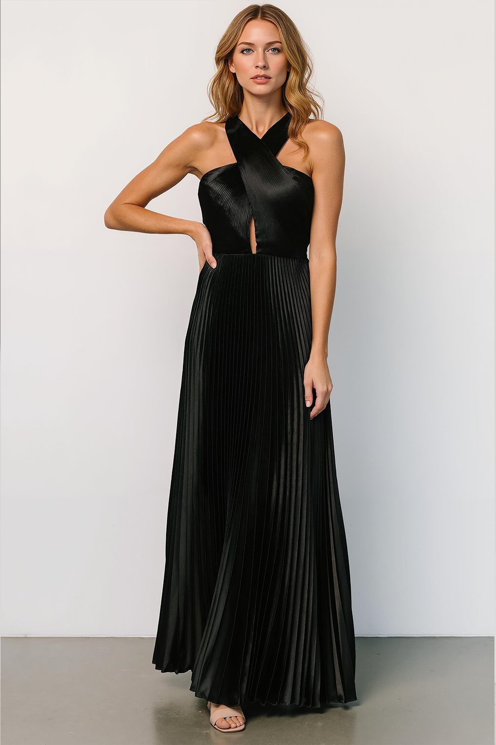 Black Pleated Satin A Line Halter Maxi Bridesmaid Dress