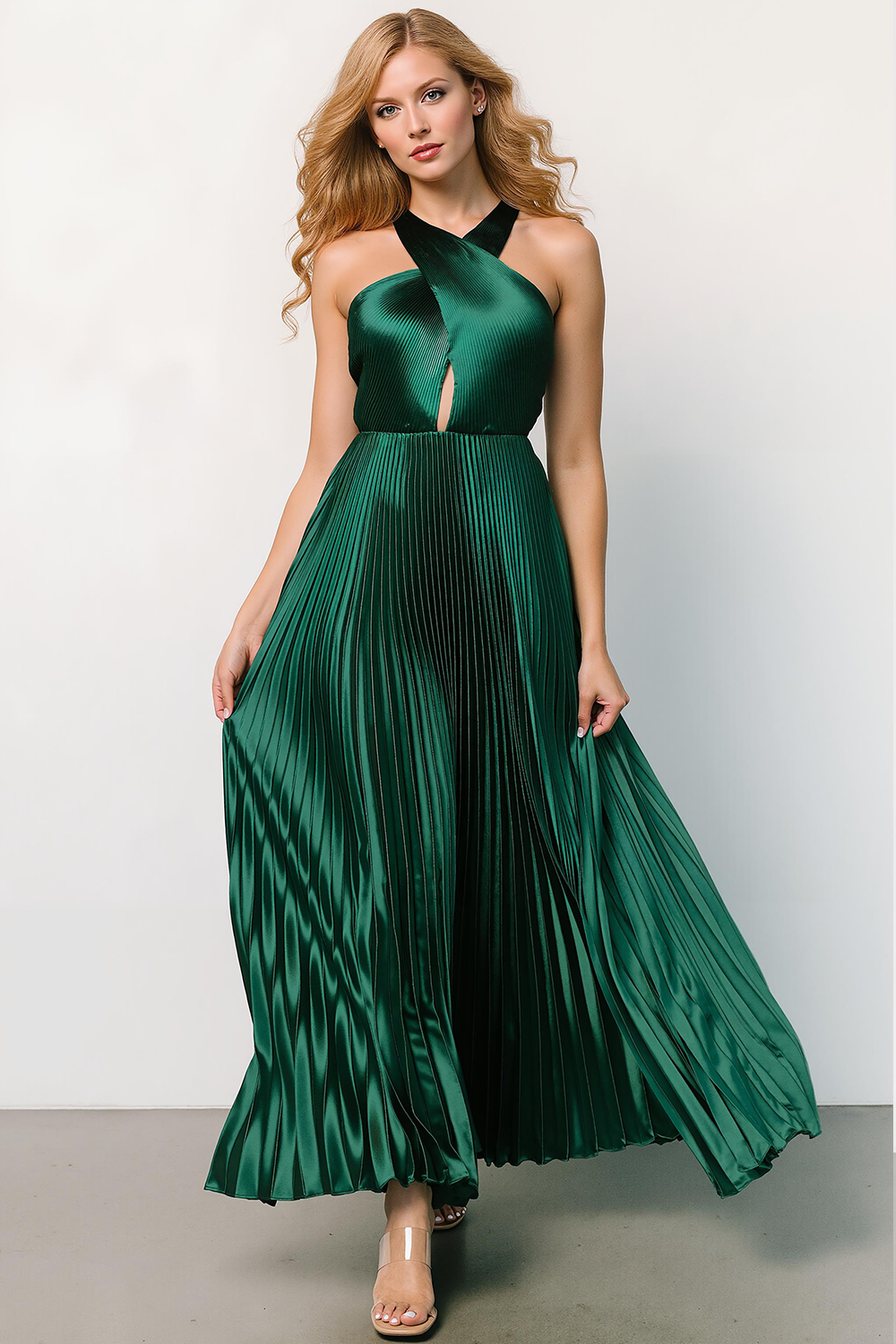 Black Pleated Satin A Line Halter Maxi Bridesmaid Dress