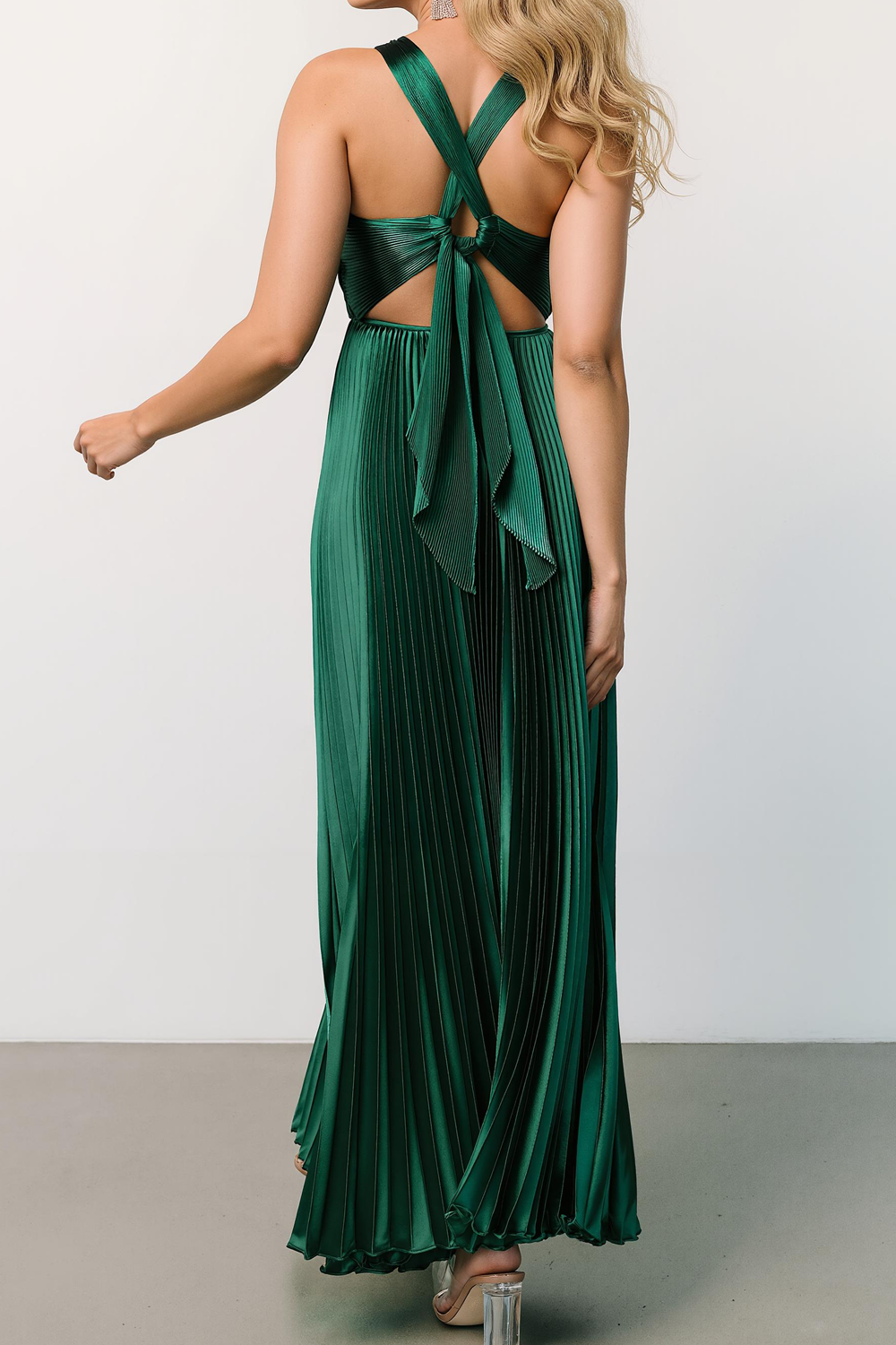 Black Pleated Satin A Line Halter Maxi Bridesmaid Dress