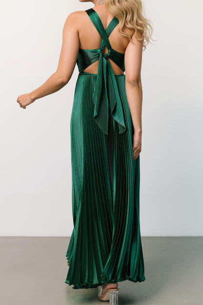 Black Pleated Satin A Line Halter Maxi Bridesmaid Dress