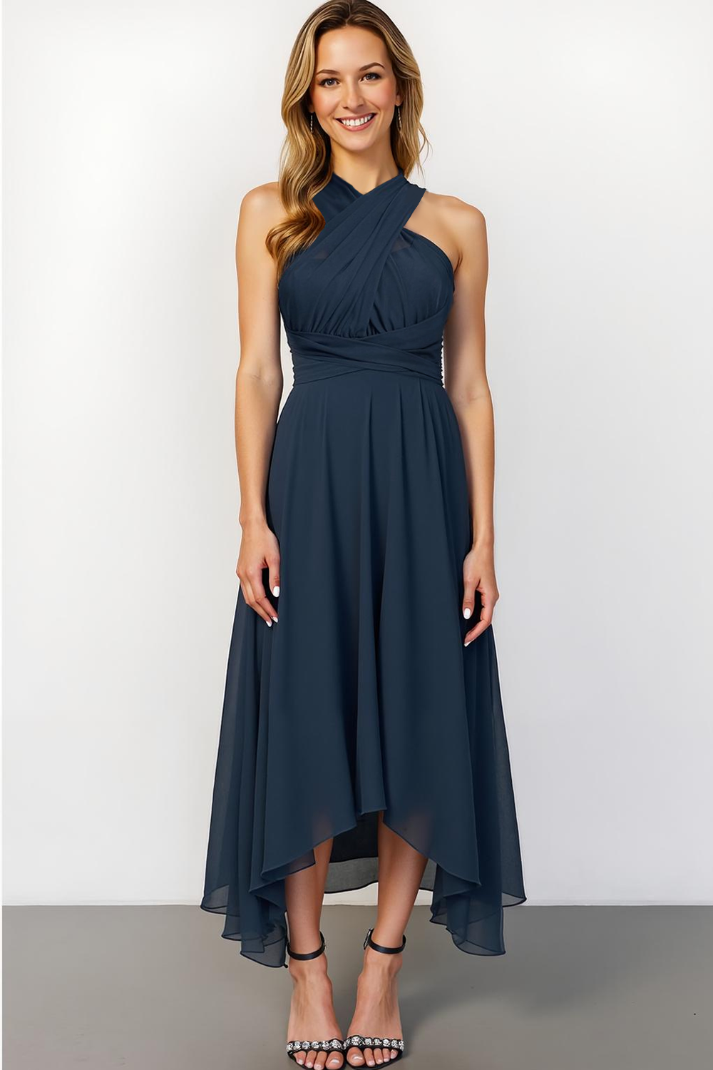 Navy Chiffon A Line Halter Maxi Bridesmaid Dress