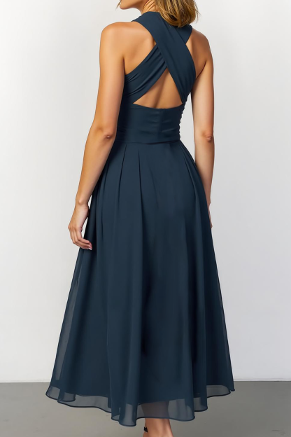 Navy Chiffon A Line Halter Maxi Bridesmaid Dress