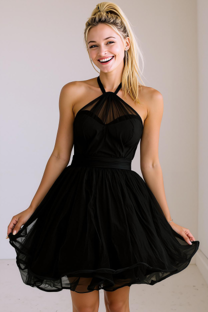 Leely Women Light Pink Flowy Short Bridesmaid Dress with Bow Halter A Line Summer Wedding Guest Dress