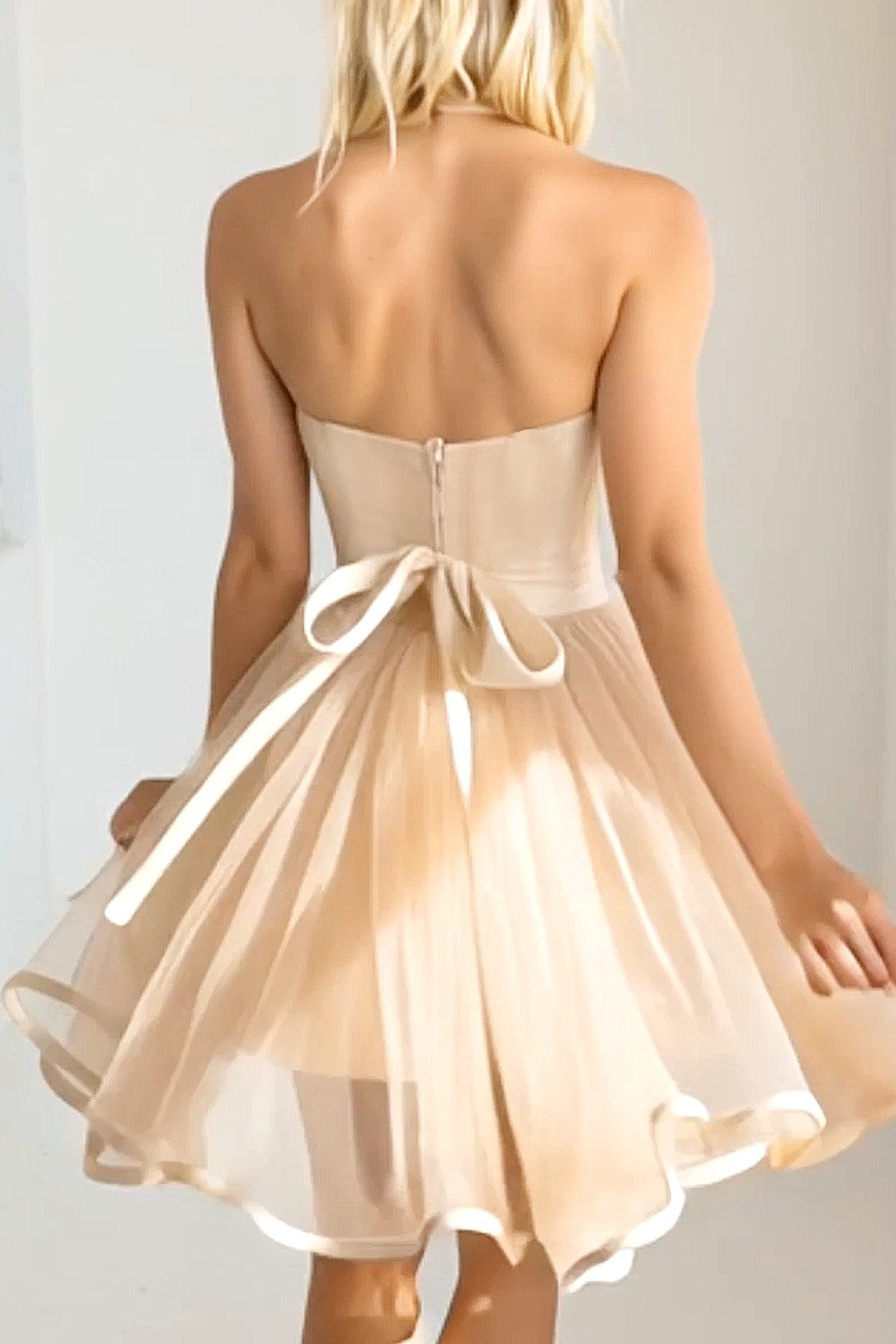 Light Pink Halter A Line Flowy Short Bridesmaid Dress with Bow