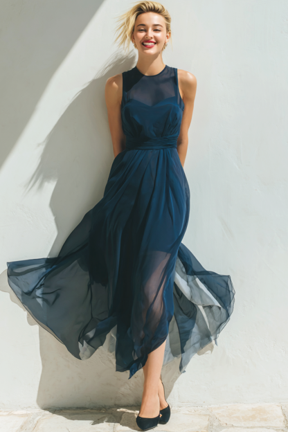 Leely Women Navy Chiffon Flowy Maxi Bridesmaid Dress A Line Illusion Neck Summer Wedding Guest Dress