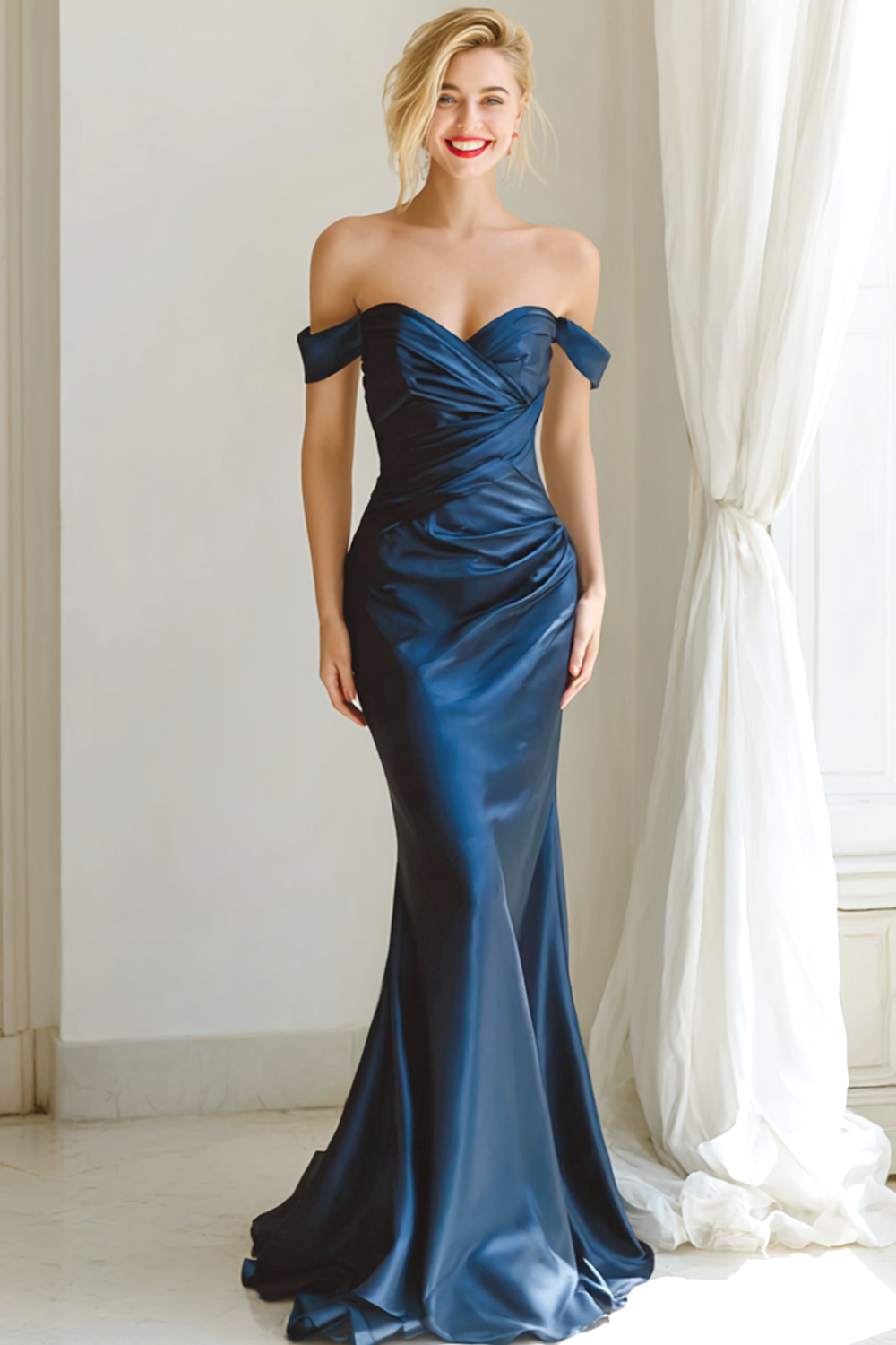 Leely Women Navy Satin Long Wedding Guest Dress Mermaid Off the Shoulder Wedding Party Dress