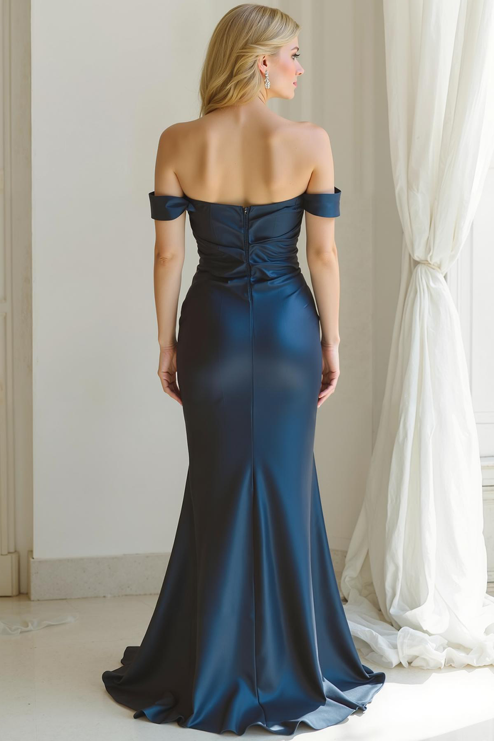 Navy Satin Mermaid Off the Shoulder Long Wedding Guest Dress