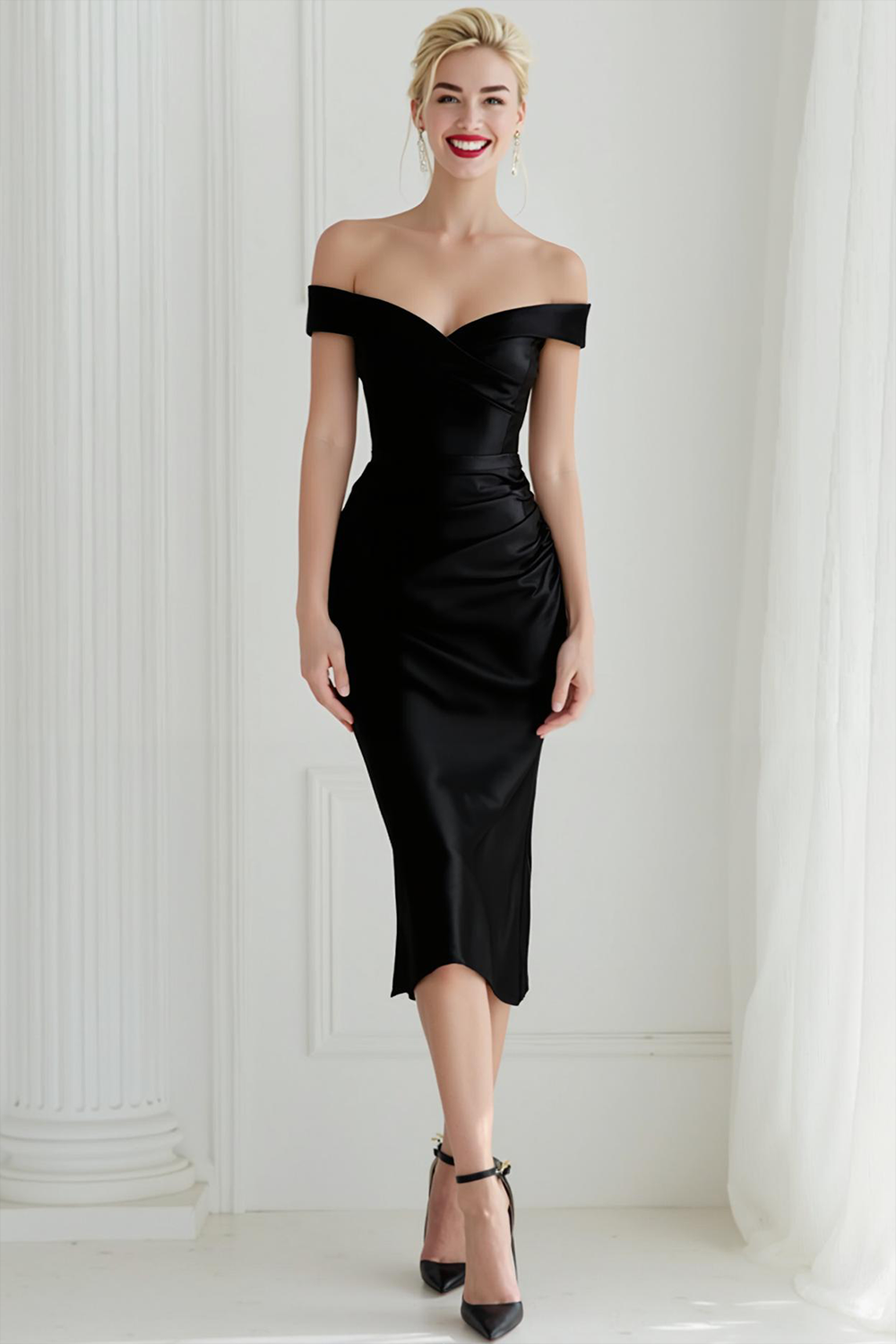 Navy Satin Sheath Ruched Off the Shoulder Midi Wedding Guest Dress