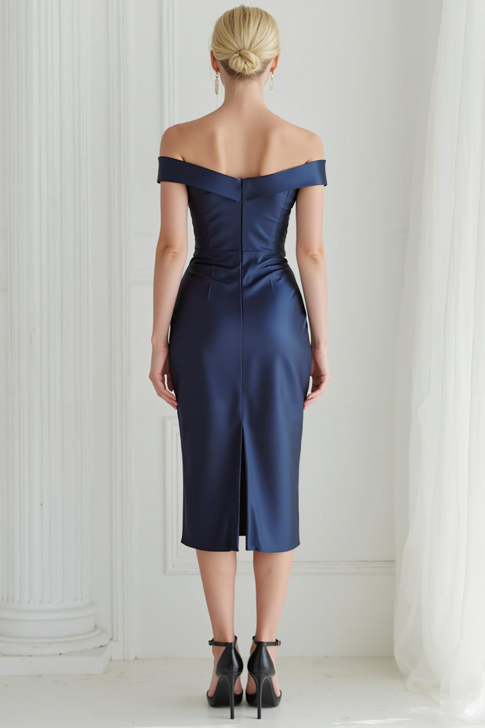 Navy Satin Sheath Ruched Off the Shoulder Midi Wedding Guest Dress