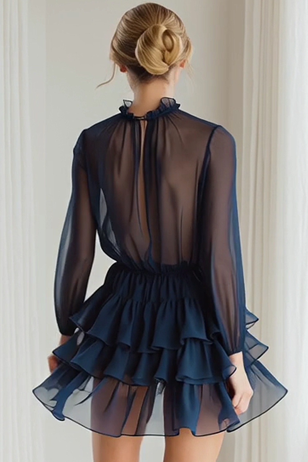 Navy Chiffon Ruffled Tiered Illusion Neck Short Wedding Guest Dress with Sleeves