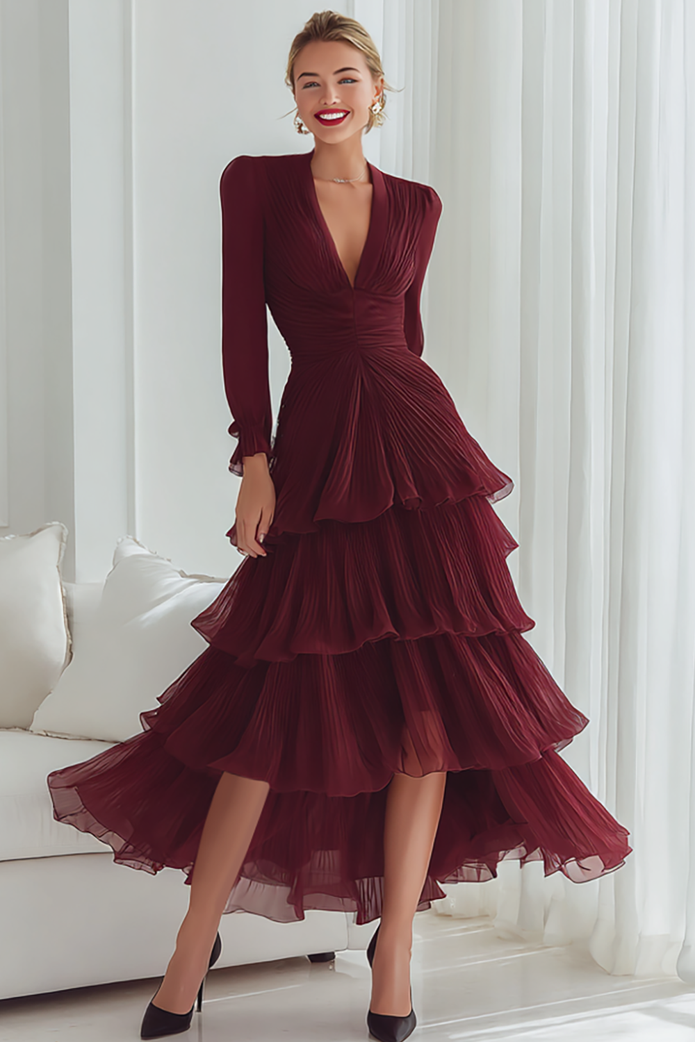Cabernet Ruffled Tiered V-Neck High Low Wedding Guest Dress with Sleeves