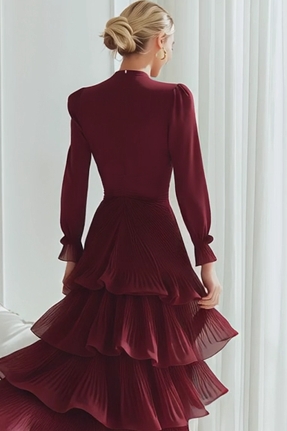 Cabernet Ruffled Tiered V-Neck High Low Wedding Guest Dress with Sleeves