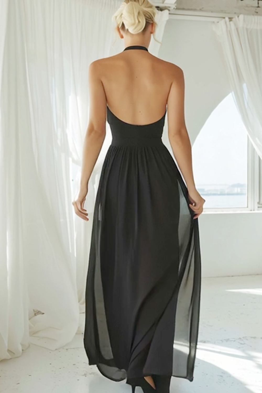 Black Chiffon Backless Halter A Line Maxi Bridesmaid Dress
