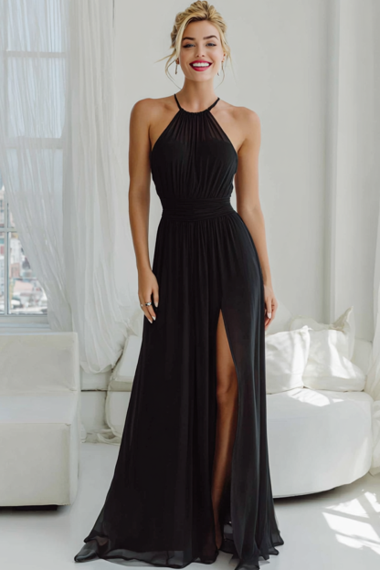 Leely Women Black Chiffon Long Bridesmaid Dress with Slit Halter A Line Ruched Summer Wedding Guest Dress