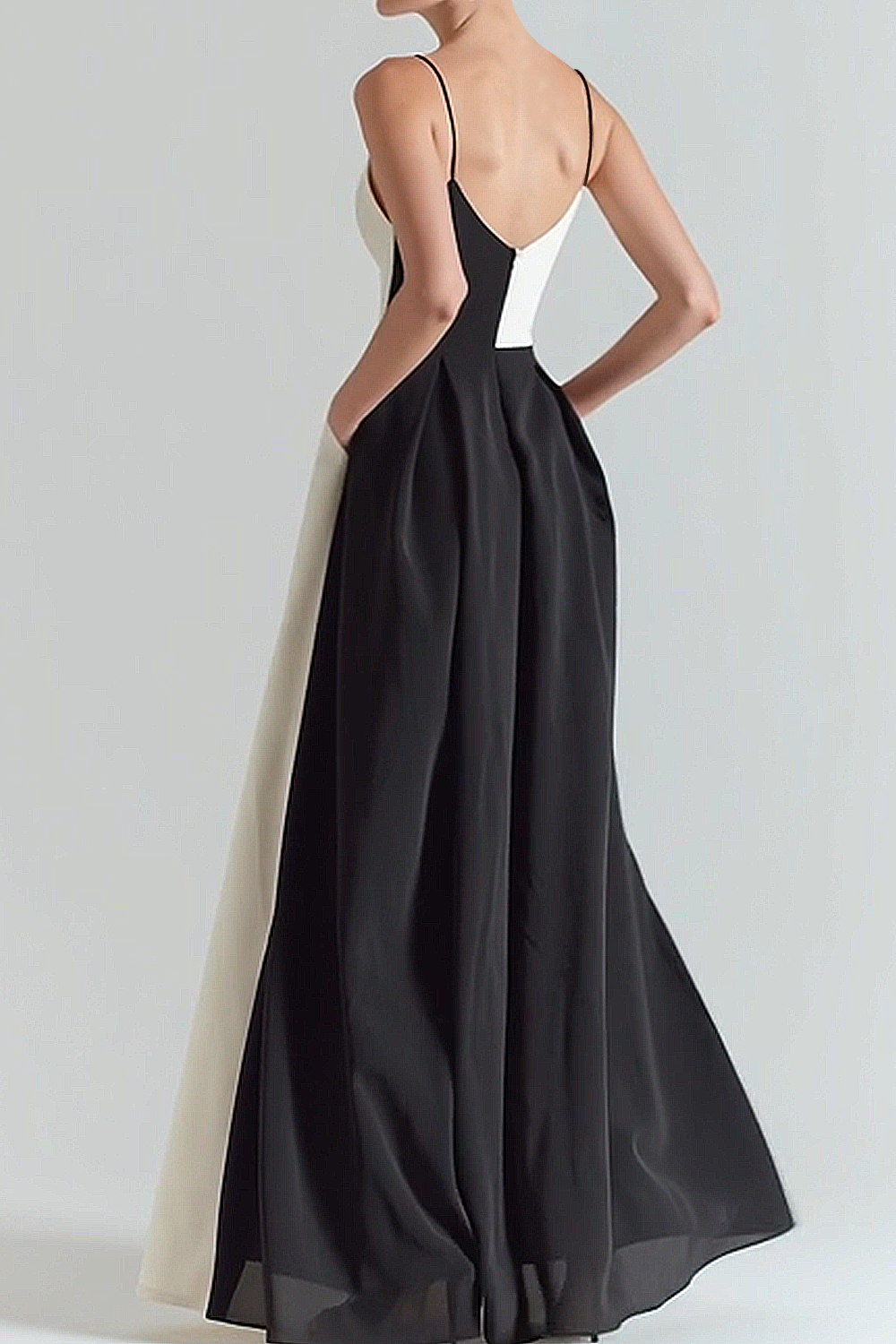 Black and White Satin A Line Spaghetti Straps Long Wedding Guest Dress with Pockets