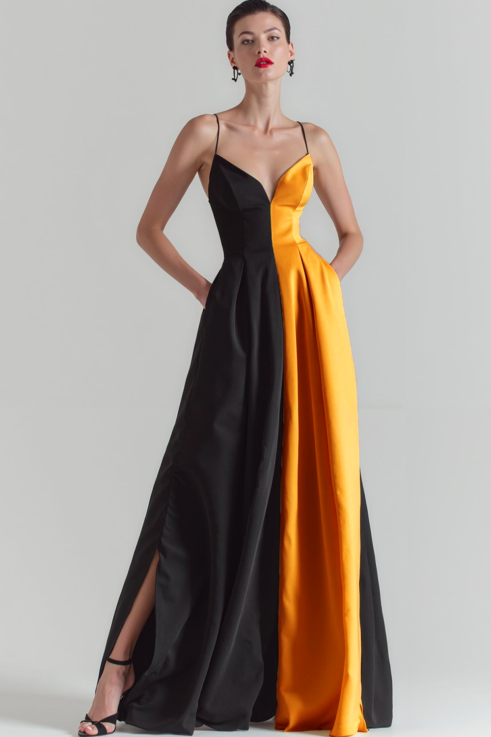 Leely Women Black and White Satin Long Wedding Guest Dress with Pockets A Line Spaghetti Straps Wedding Party Dress
