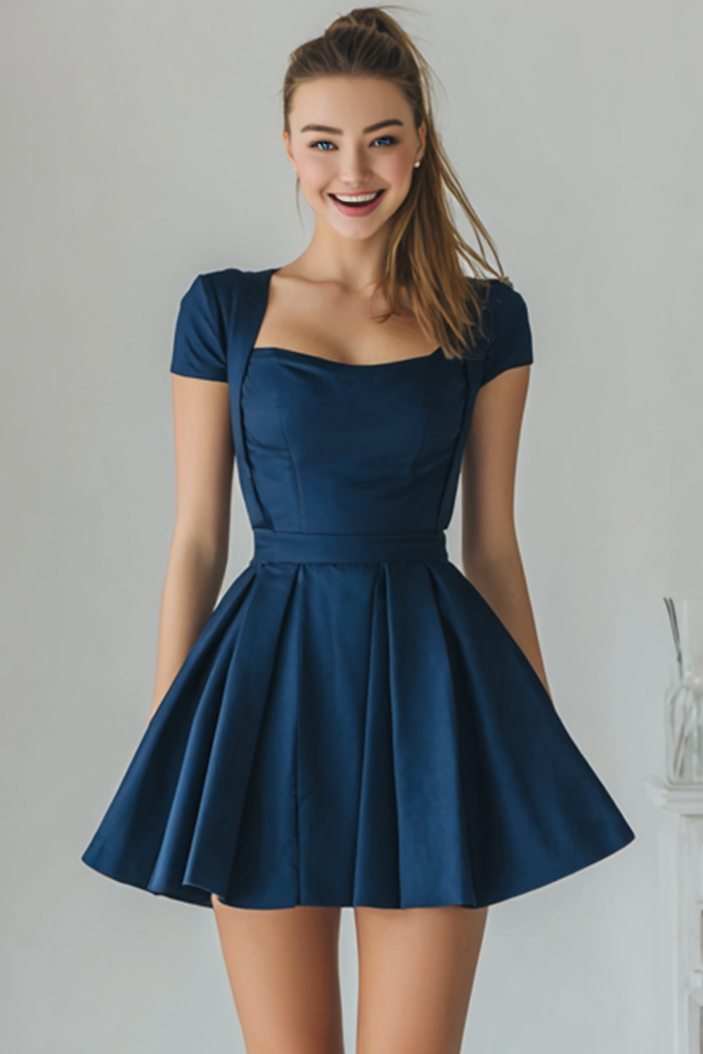 Navy A Line Square Neck Short Bridesmaid Dress with Sleeves