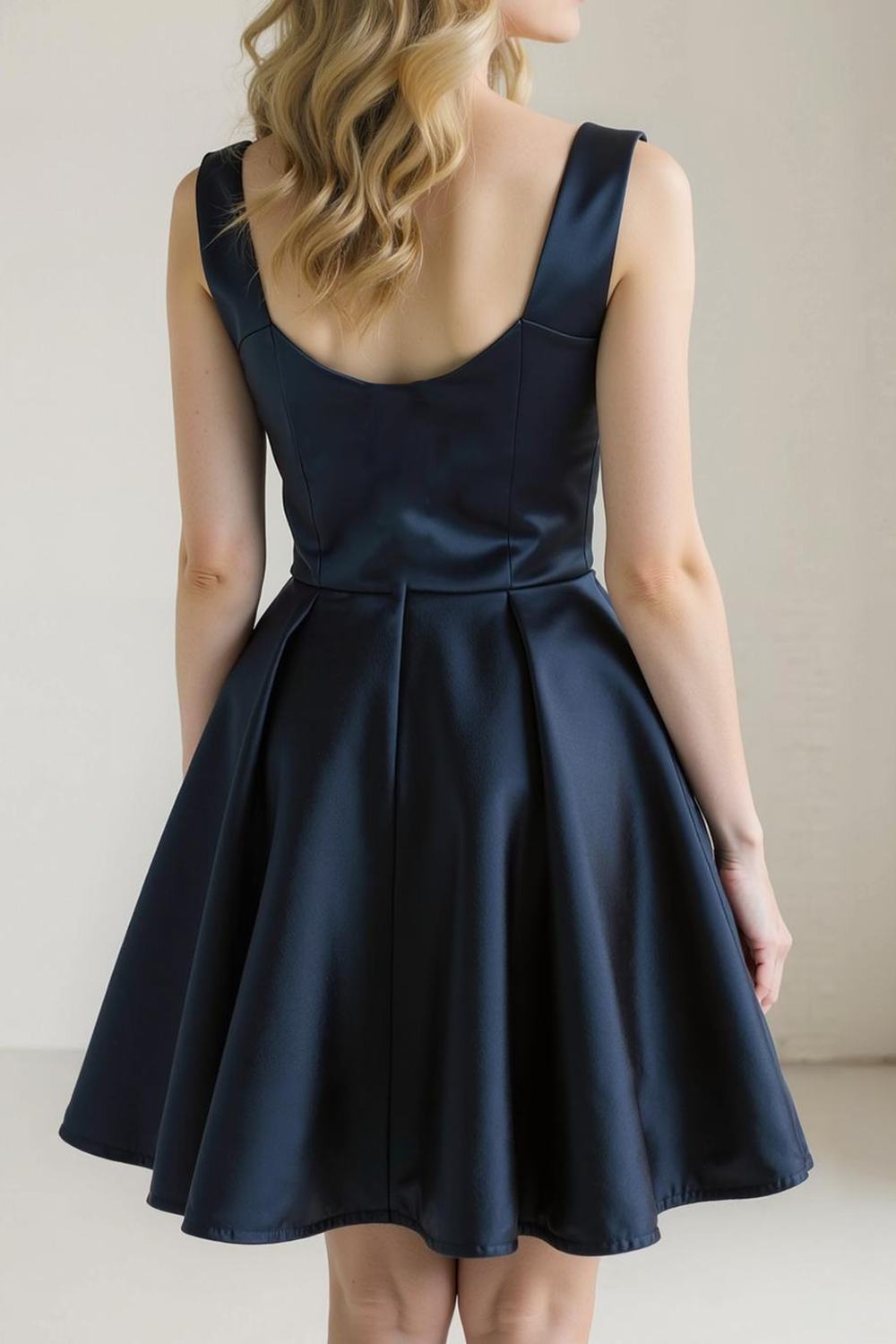 Navy Satin A Line Square Neck Short Bridesmaid Dress
