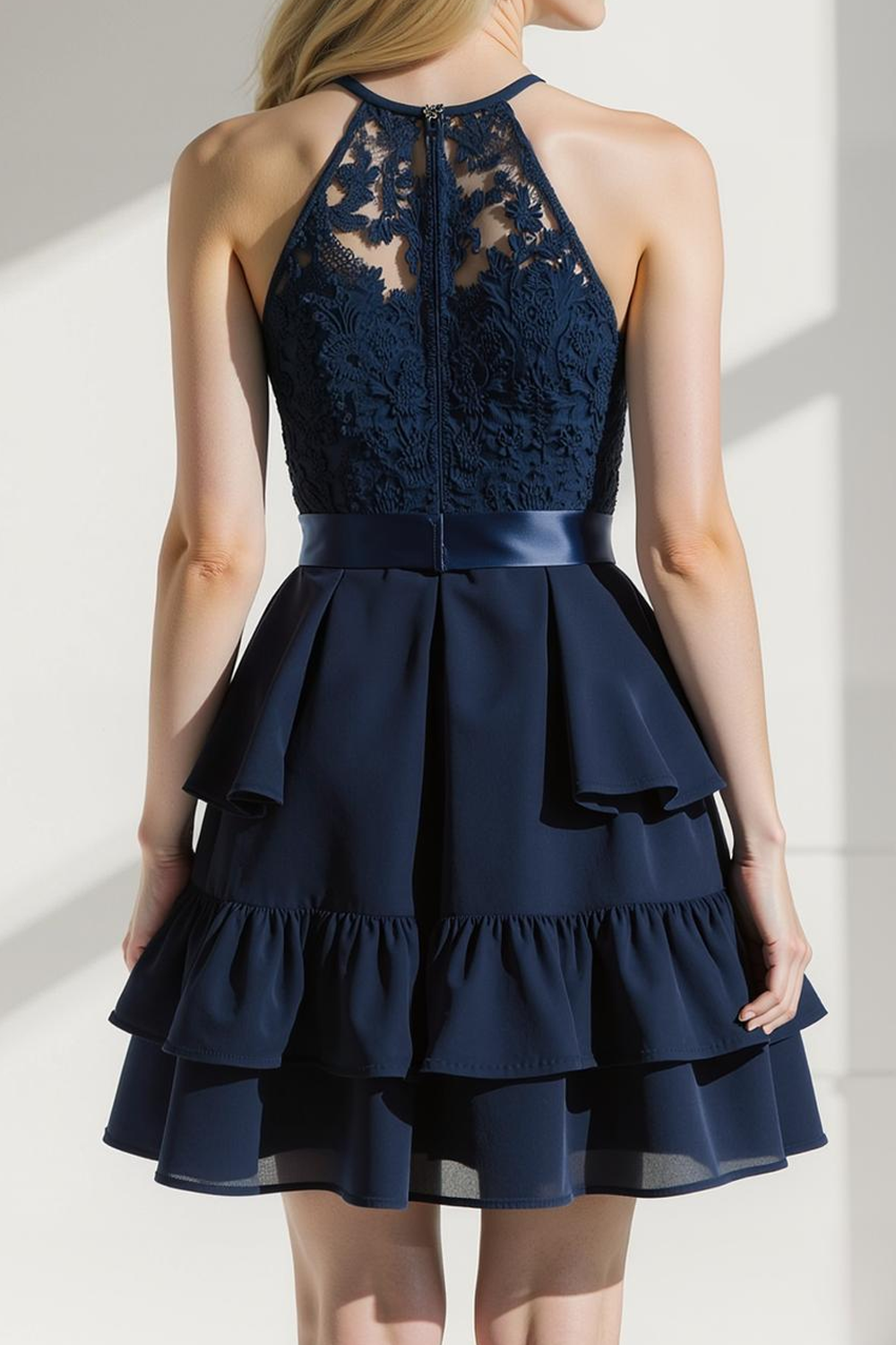 Navy Halter A Line Tiered Short Bridesmaid Dress with Lace