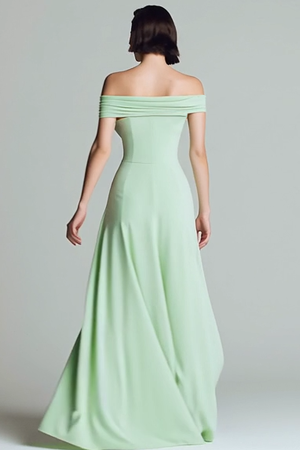 Simple Light Green Chiffon A Line Off the Shoulder Maxi Bridesmaid Dress with Slit