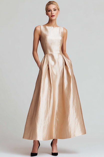 Leely Women Simple Champagne Satin Long Bridesmaid Dress A Line Bateau Neck Summer Wedding Guest Dress with Pockets
