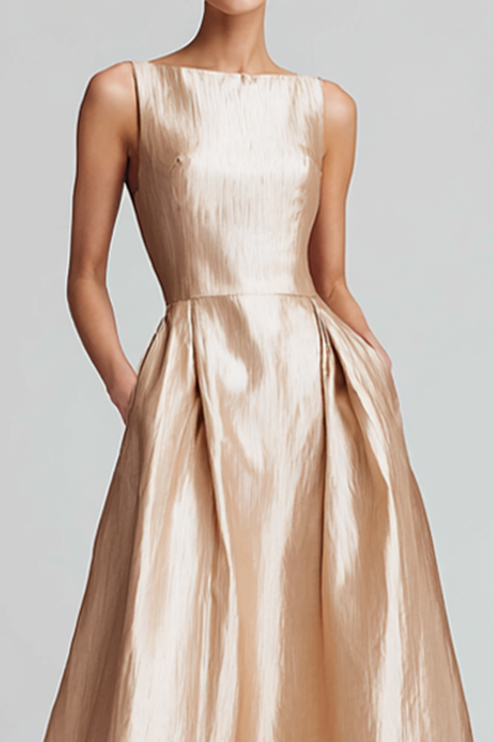 Simple Champagne Satin A Line Long Bridesmaid Dress with Pockets