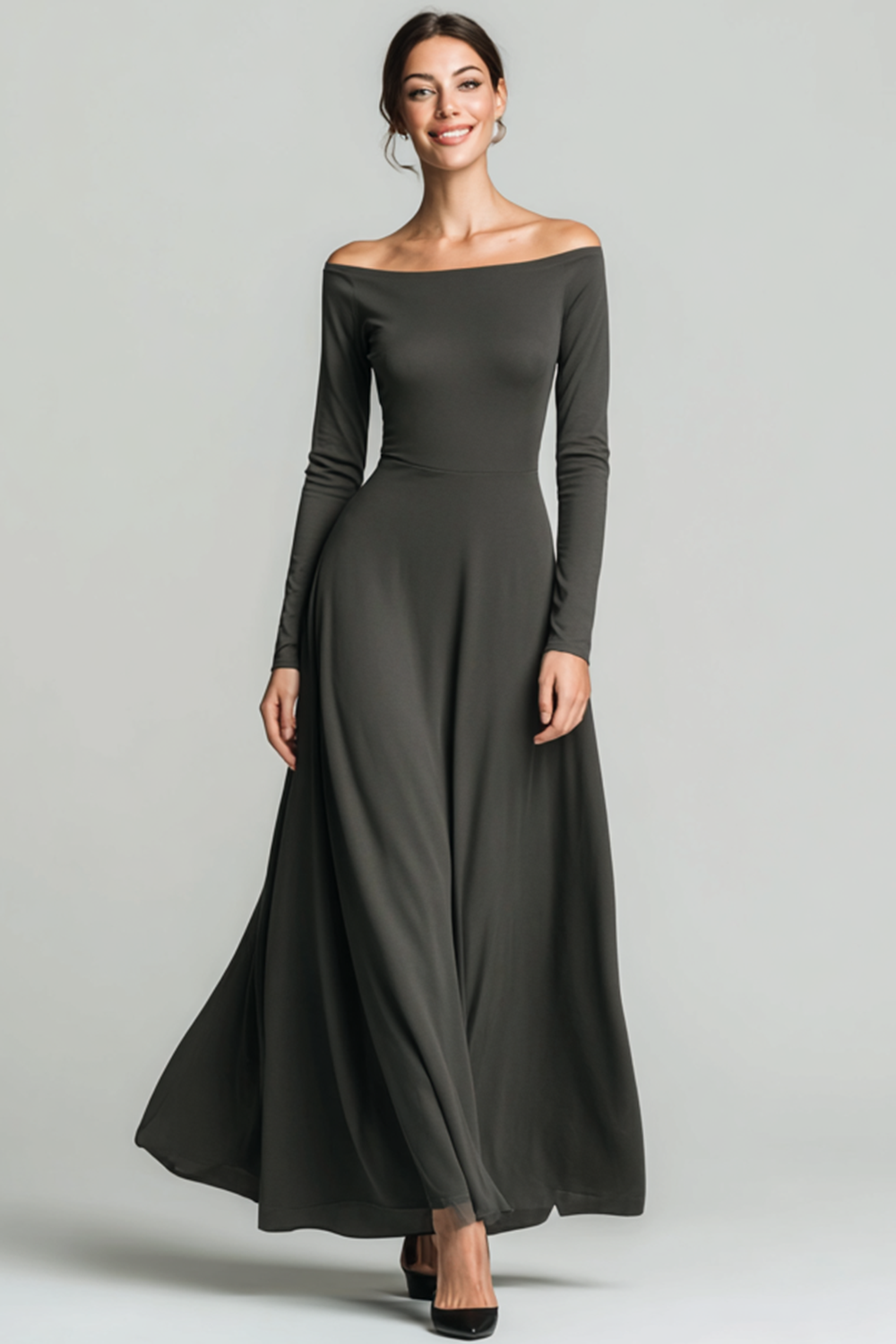Black Chiffon A Line Off the Shoulder Long Wedding Guest Dress with Sleeves