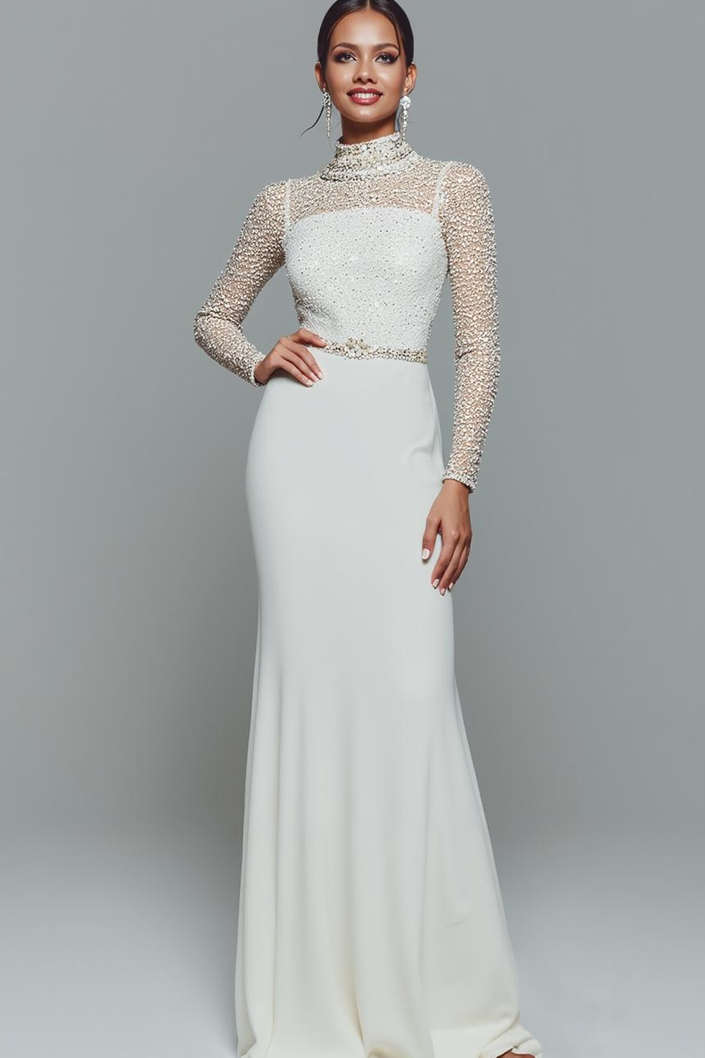 White Mermaid High Neck Maxi Wedding Reception Dress with Beading